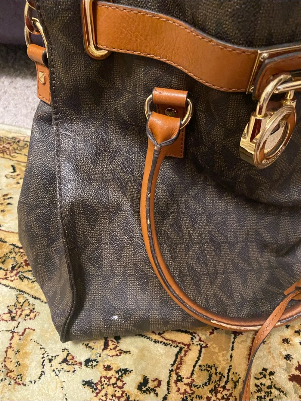Michael Kors Brown and Tan Monogram Tote with Gold Hardware large Hamilton